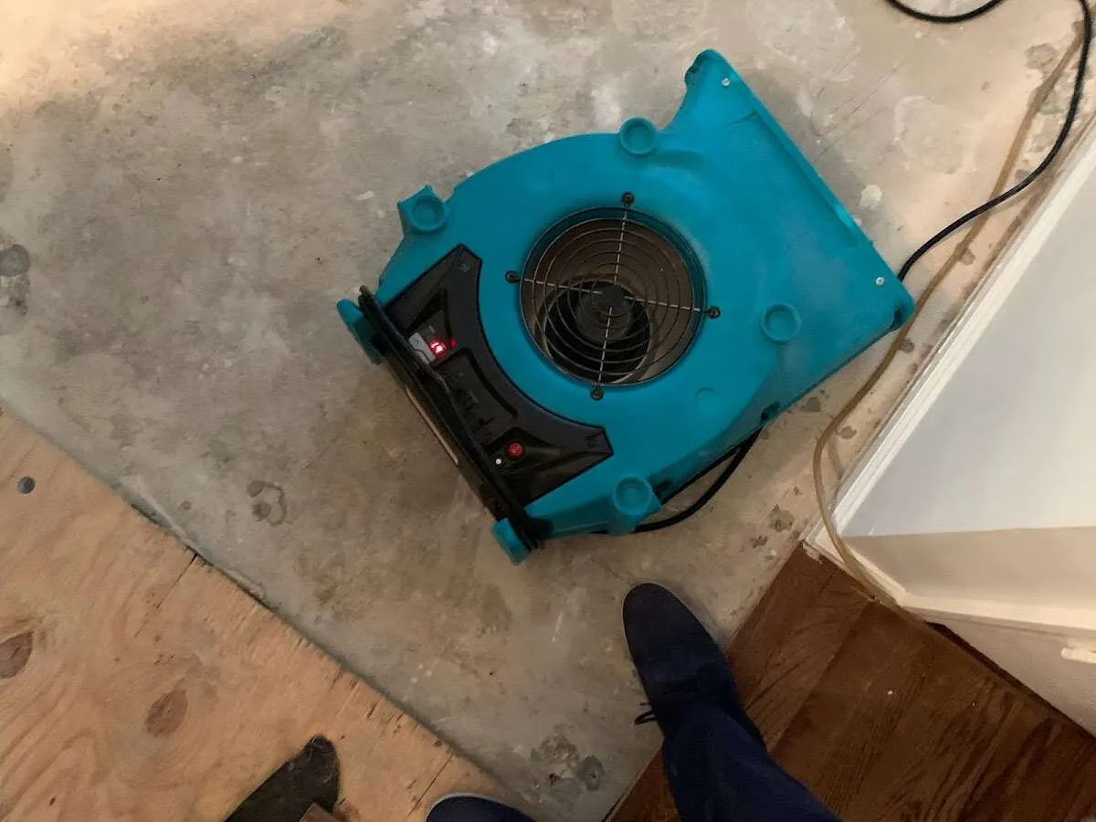 Air mover drying subfloor during Leak Detection & Repair in Niagara